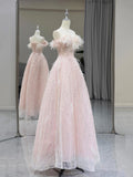 Sparkling Pink Tulle Sequins Long Prom Dress, Off the Shoulder A-Line Evening Party Dress HZ0429