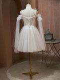 Lovely A-Line Tulle Lace Knee Length Prom Dress, Ivory Off the Shoulder Party Dress HZ0429