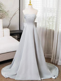 Gray Strapless Satin Long Prom Dress, Simple A-Line Evening Dress HZ0429