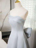 Gray Strapless Satin Long Prom Dress, Simple A-Line Evening Dress HZ0429
