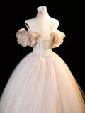 Champagne Tulle Long Prom Dress with Corset, Beautiful Off the Shoulder Party Dress HZ0429