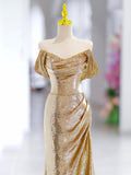 Gold Sequins Long Prom Dress, Off Shoulder V-Neck Evening Party Dress HZ0429