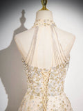 Champagne Tulle Sequins Floor Length Prom Dress, A-Line Backless Evening Party Dress HZ0429