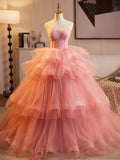Beautiful Tulle Layers Ruffles Long Prom Evening Dress, Pink Sweet 16 Dress Party Dress HZ0429