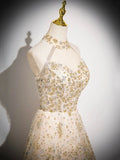 Champagne Tulle Sequins Floor Length Prom Dress, A-Line Backless Evening Party Dress HZ0429