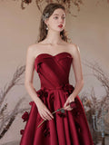 Burgundy Strapless Satin Long Prom Dress, A-Line Backless Formal Evening Dress HZ0429
