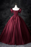 Burgundy Satin Floor Length Prom Dress, Off the Shoulder Party Dress HZ0429