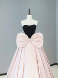Black Velvet and Pink Satin Long Prom Dress, Beautiful Strapless Party Dress with Bow HZ0429