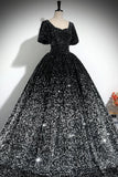 Black Silver Ombre Sequin Ball Gown with Puff Sleeves, Sparkly Floor-Length Prom Dress HZ0429