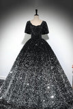Black Silver Ombre Sequin Ball Gown with Puff Sleeves, Sparkly Floor-Length Prom Dress HZ0429