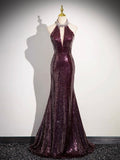 Burgundy Sequins Long Prom Dress, Mermaid Backless Evening Formal Dress HZ0429