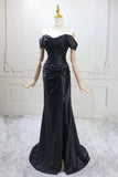 Off Shoulder Black Corset Mermaid Gown Ruched Satin Formal Dress HZ0429