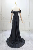 Off Shoulder Black Corset Mermaid Gown Ruched Satin Formal Dress HZ0429