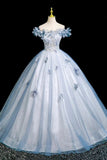 Blue Tulle Flowers Long Prom Dress, Beautiful A-Line Evening Party Dress HZ0429