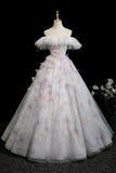 Lovely Floral Print Off the Shoulder Long Prom Dress, White A-Line Party Dress HZ0429