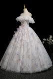 Lovely Floral Print Off the Shoulder Long Prom Dress, White A-Line Party Dress HZ0429