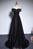 Black Satin Long Prom Dress, A-Line Off the Shoulder Party Dress HZ0429