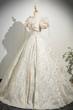Champagne Satin Printed Long Prom Dress, Lovely A-Line Short Sleeve Party Dress HZ0429