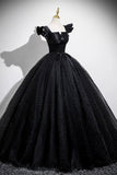 Black Satin Tulle Long Prom Dress, Black A-line Party Dress HZ0429