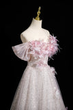 Pink Tulle Sequins Long Prom Dress, Pink Off the Shoulder Party Dress HZ0429