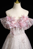 Pink Tulle Sequins Long Prom Dress, Pink Off the Shoulder Party Dress HZ0429