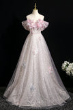 Pink Tulle Sequins Long Prom Dress, Pink Off the Shoulder Party Dress HZ0429