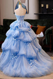 Blue Tulle Flowers Long Prom Dress, Blue Strapless A-line Evening Party Dress HZ0429