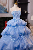 Blue Tulle Flowers Long Prom Dress, Blue Strapless A-line Evening Party Dress HZ0429