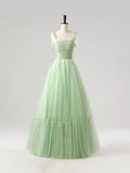 Green Tulle Spaghetti Strap Long Prom Dress, A-Line Corset Evening Party Dress HZ0429
