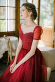 Burgundy Scoop Neckline Tulle Long Prom Dress, A-Line Evening Dress with Beading HZ0429