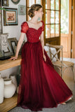 Burgundy Scoop Neckline Tulle Long Prom Dress, A-Line Evening Dress with Beading HZ0429