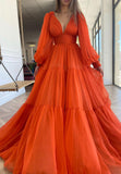 Orange V-Neck Chiffon Long Prom Dresses, A-Line Evening Dresses HZ0429