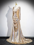 Gold Sequins Prom Party Dress, Shiny Long Sleeve Evening Formal Dress HZ0429