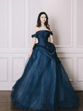 Blue Tulle Long Prom Dress, Elegant Off the Shoulder Formal Party Dress HZ0429