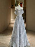Gray Tulle Sequins Floor Length Prom Dress, Shiny A-Line Evening Formal Dress HZ0429