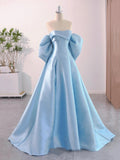 Blue Satin Floor Length Prom Dress with Bow, Beautiful A-Line Party Dress HZ0429