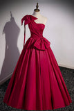 Burgundy Satin Long Prom Dress, One Shoulder Evening Dress with Bow HZ0429