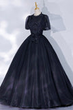 Black Tulle Lace Long A-Line Prom Dress, A-Line Short Sleeve Evening Gown HZ0429
