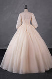 Champagne Tulle Sequins Long Prom Dress, A-Line Long Sleeve Evening Party Dress HZ0429