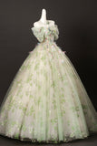 Green Floral Tulle Long Prom Dress, Beautiful A-Line Off the Shoulder Party Dress HZ0429