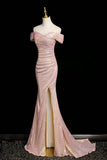 Sparkly Pink Sequined Mermaid Formal Dress Off Shoulder Side Slit HZ0429
