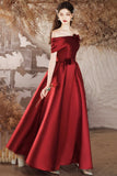 Burgundy Satin Long Prom Dress, Beautiful Off the Shoulder A-Line Evening Party Dress HZ0429