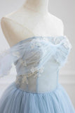 High Low Blue Lace Floor Long Prom Dress, Blue A-Line Off the Shoulder Party Dress HZ0429