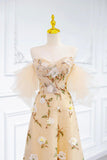 Champagne Tulle Floral Long Prom Dress, Beautiful Off the Shoulder Party Dress HZ0429