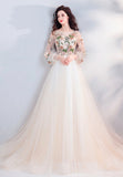 Champagne Lace Long Prom Dresses, A-Line Long Sleeve Evening Dresses HZ0429