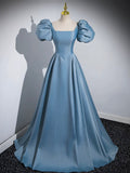 Blue Puff Sleeve Satin Floor Length Prom Dress, Blue A-Line Evening Party Dress HZ0429
