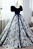 Blue Short Sleeve A-Line Floor Length Prom Dress, Blue Evening Dress HZ0429