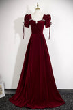 Burgundy Velvet Square Neck Evening Gown, Elegant Formal Dress with Crystal HZ0429