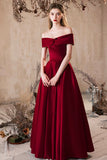 Burgundy Satin Long Prom Dress, Lovely A-Line Off the Shoulder Evening Party Dress HZ0429