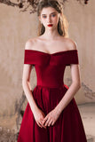 Burgundy Satin Long Prom Dress, Lovely A-Line Off the Shoulder Evening Party Dress HZ0429